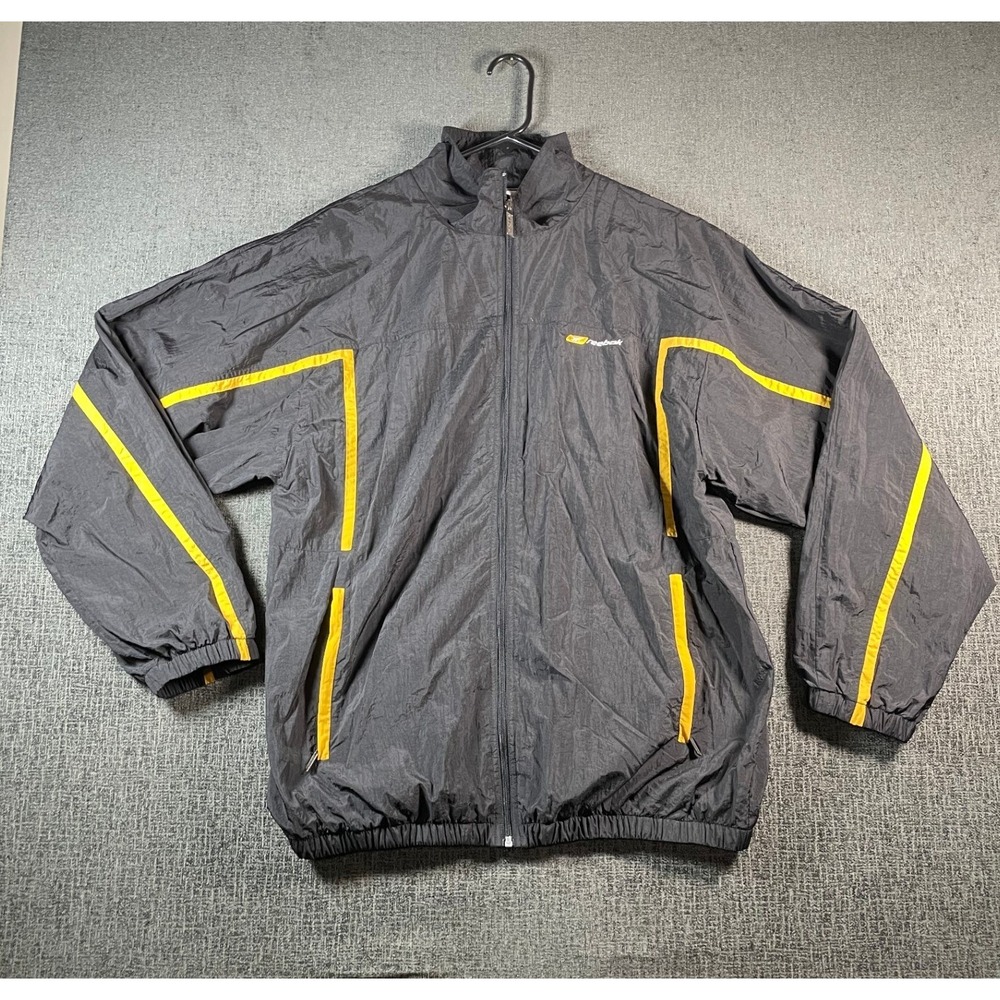 Reebok Mens Windbreaker Jacket‎ Grey Yellow Full Zip Mesh Lined Large VTG Y2K